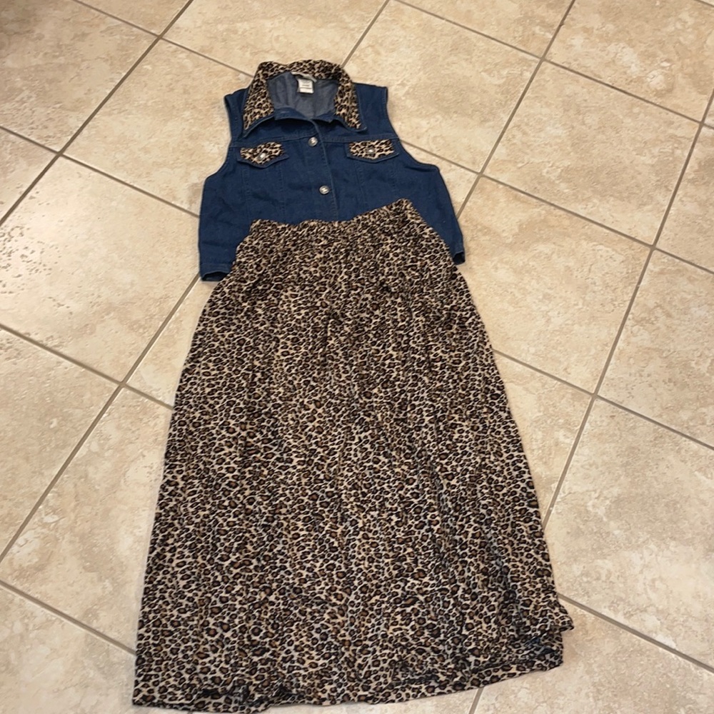 Cheetah and Denim Skirt/Vest Set